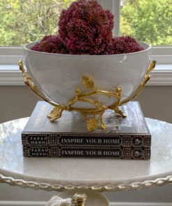 Inspire Me! Home Decor White Glass Bowl With Gold Leaf Stand