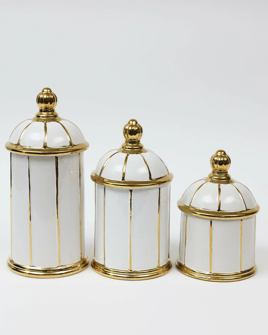 Inspire Me! Home Decor White Ceramic Lidded Jar With Gold Linear Detail (3 Sizes) 4 Inspire Me! Home Decor White Ceramic Lidded Jar With Gold Linear Detail (3 Sizes)