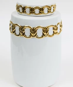 Inspire Me! Home Decor Jars White Ceramic Lidded Jar With Stunning Gold Chain Details (3 Sizes)