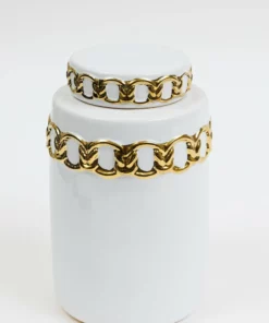 Inspire Me! Home Decor Jars White Ceramic Lidded Jar With Stunning Gold Chain Details (3 Sizes)