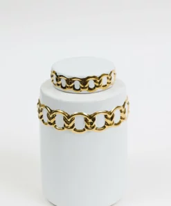 Inspire Me! Home Decor Jars White Ceramic Lidded Jar With Stunning Gold Chain Details (3 Sizes)