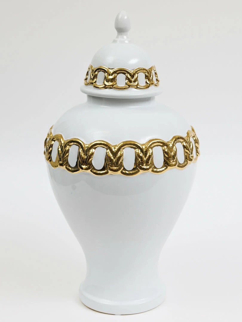 Inspire Me! Home Decor White Ceramic Ginger Jar With Stunning Gold Chain Details (3 Sizes) 6 Inspire Me! Home Decor White Ceramic Ginger Jar With Stunning Gold Chain Details (3 Sizes)