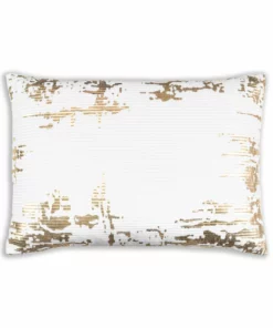 Cloud9d Asra - Oblong White Velvet Pillow W/ Quilting And Shiny Gold Foil Print - 20" X 14"