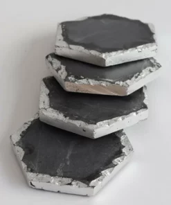 Inspire Me! Home Decor Charcoal Grey Marble Hexagon Coasters W/ Silver Edge