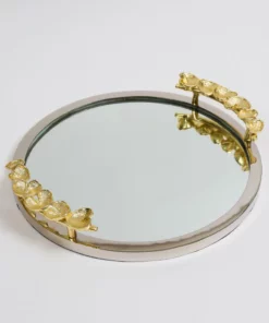 Inspire Me! Home Decor Large Round Decorative Mirror Tray With Gold Petal Handle Details