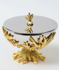 Inspire Me! Home Decor Stainless Bowl On Gold Metal Branch Base And Lid