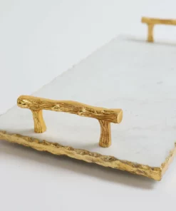 Inspire Me! Home Decor Rectangle Marble Tray With Gold Handles & Hammered Gold Edge