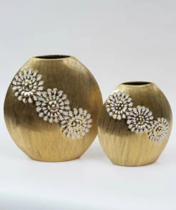 Inspire Me! Home Decor Round Textured Ceramic Gold Vase With White Flower Design (2 Sizes)