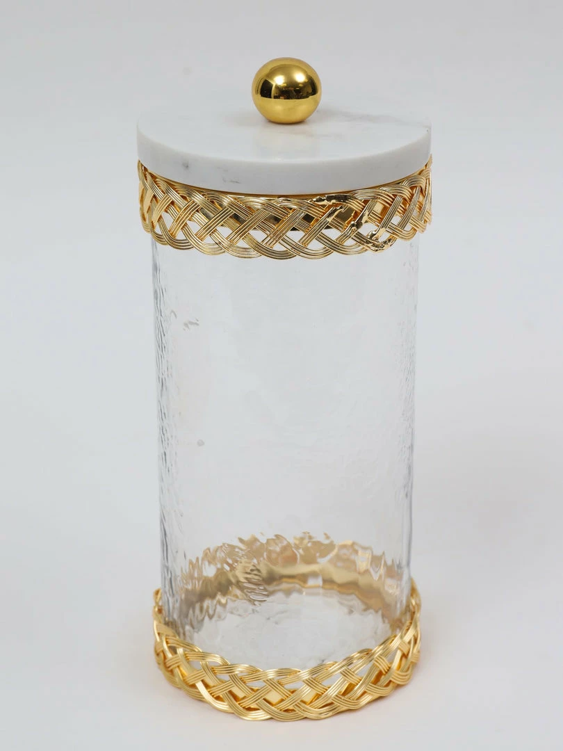 Inspire Me! Home Decor Glass Canister With Gold Lattice Design And Marble And Gold Lid (3 Sizes) 6 Inspire Me! Home Decor Glass Canister With Gold Lattice Design And Marble And Gold Lid (3 Sizes)