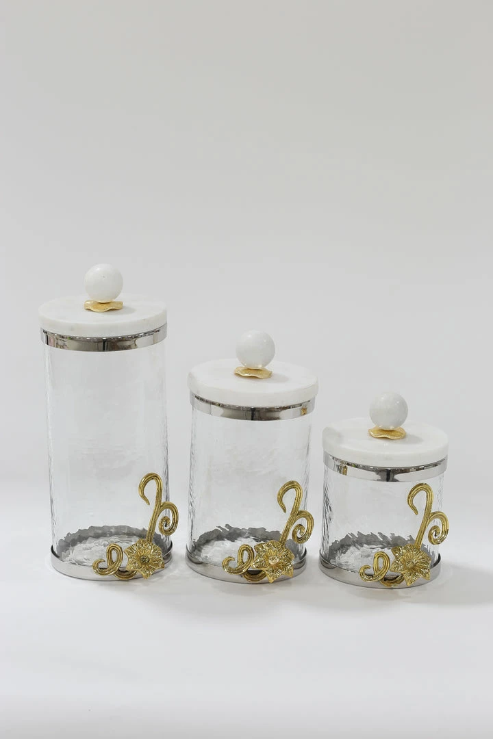 Inspire Me! Home Decor Gold Or Silver Metal Floral Glass Canisters With Marble Lid-With Metal Rim (3 Sizes) (2 Colors) 5 Inspire Me! Home Decor Gold Or Silver Metal Floral Glass Canisters With Marble Lid-With Metal Rim (3 Sizes) (2 Colors)