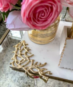 Inspire Me! Home Decor Rectangular Marble Tray With Metal Gold Branch Details
