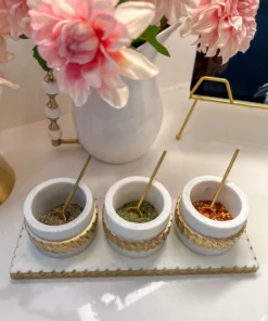 Inspire Me! Home Decor White Marble Condiment Tray With 3 Bowls & Golden Spoons