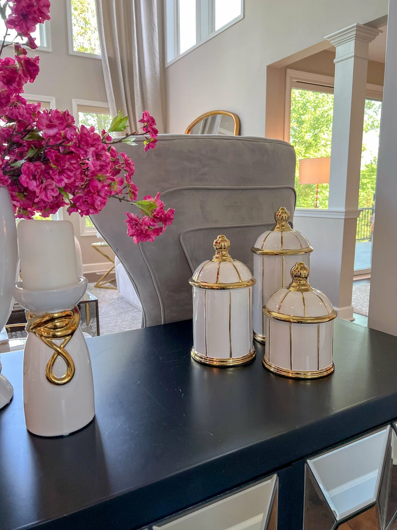 Inspire Me! Home Decor White Ceramic Lidded Jar With Gold Linear Detail (3 Sizes) 3 Inspire Me! Home Decor White Ceramic Lidded Jar With Gold Linear Detail (3 Sizes)