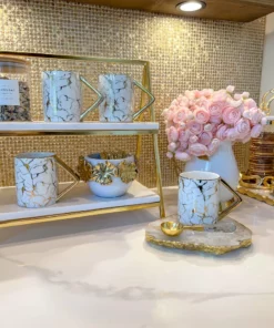 Inspire Me! Home Decor Gold & White Ceramic Mug With Marbled Design And Angled Gold Handle