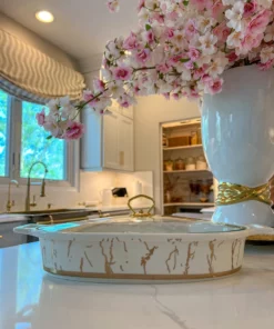 Inspire Me! Home Decor Oval Marble Print Platter With Glass Top & Gold Handle KITCHEN