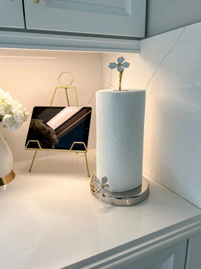 Inspire Me! Home Decor Gold Paper Towel Holder With White Jeweled Flower Details 3 Inspire Me! Home Decor Gold Paper Towel Holder With White Jeweled Flower Details