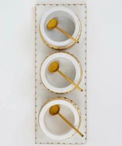 Inspire Me! Home Decor White Marble Condiment Tray With 3 Bowls & Golden Spoons