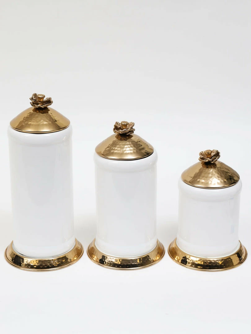 Inspire Me! Home Decor White Ceramic Jars With Gold Flower Lid (3 Sizes) 4 Inspire Me! Home Decor White Ceramic Jars With Gold Flower Lid (3 Sizes)