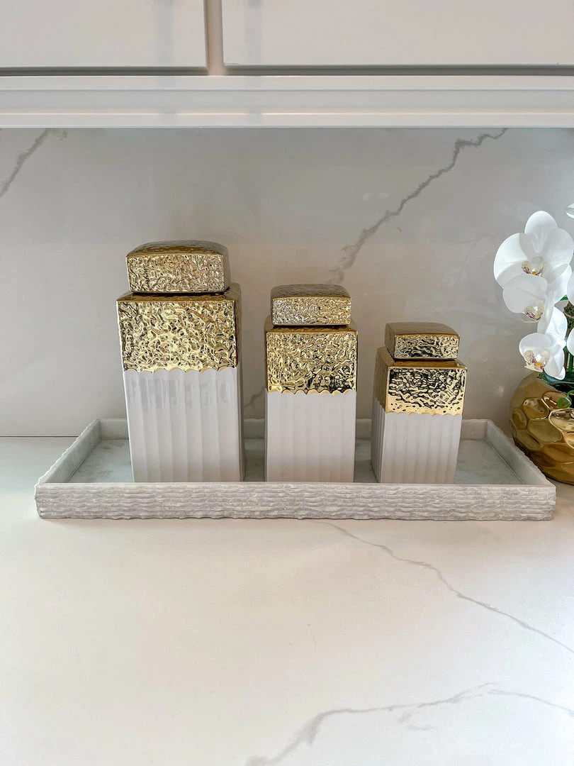 Inspire Me! Home Decor White Hammered Jar With Gold Border & Lid (3 Sizes) 3 Inspire Me! Home Decor White Hammered Jar With Gold Border & Lid (3 Sizes)