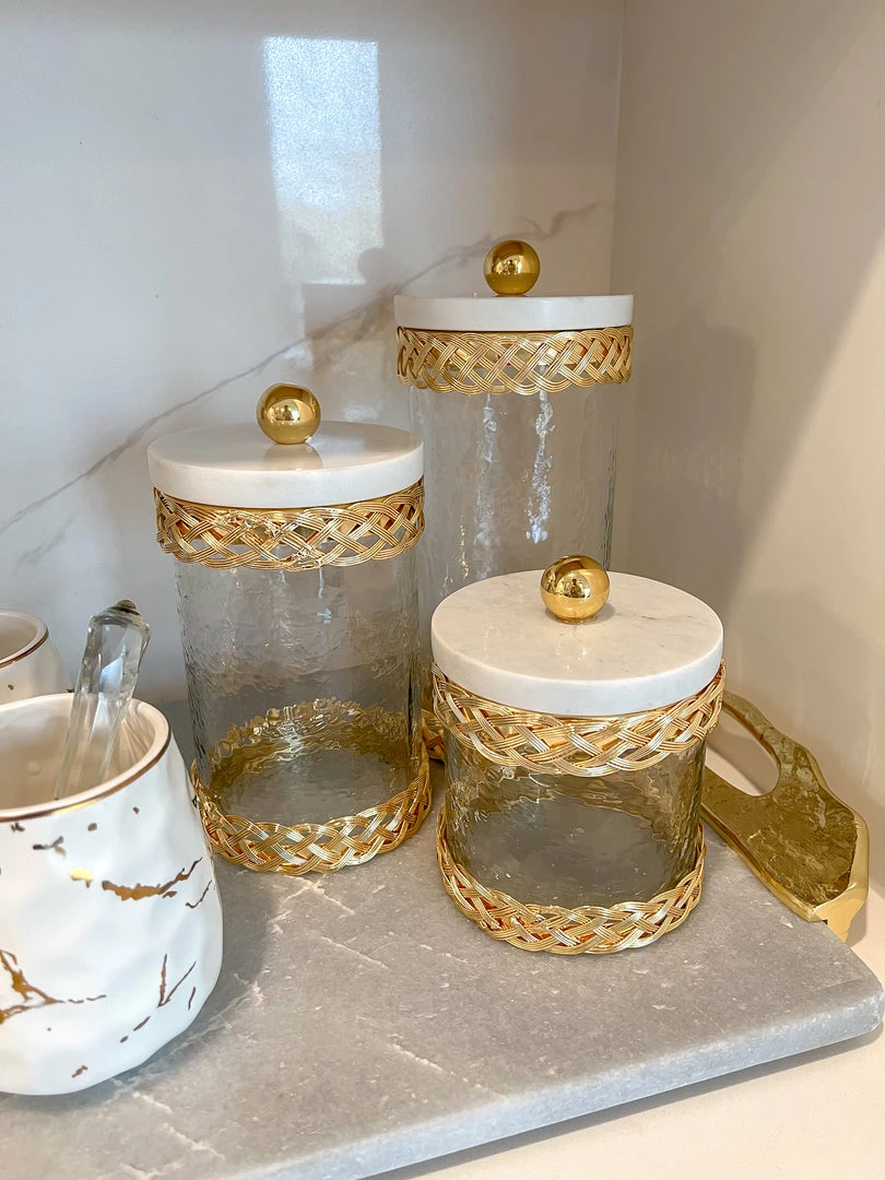 Inspire Me! Home Decor Glass Canister With Gold Lattice Design And Marble And Gold Lid (3 Sizes) 5 Inspire Me! Home Decor Glass Canister With Gold Lattice Design And Marble And Gold Lid (3 Sizes)