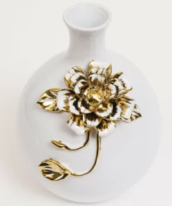 Inspire Me! Home Decor White Ceramic Vase With Gold Textured Flower Design