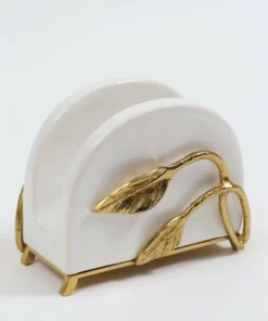 Inspire Me! Home Decor White Ceramic Napkin Holder With Gold Leaf