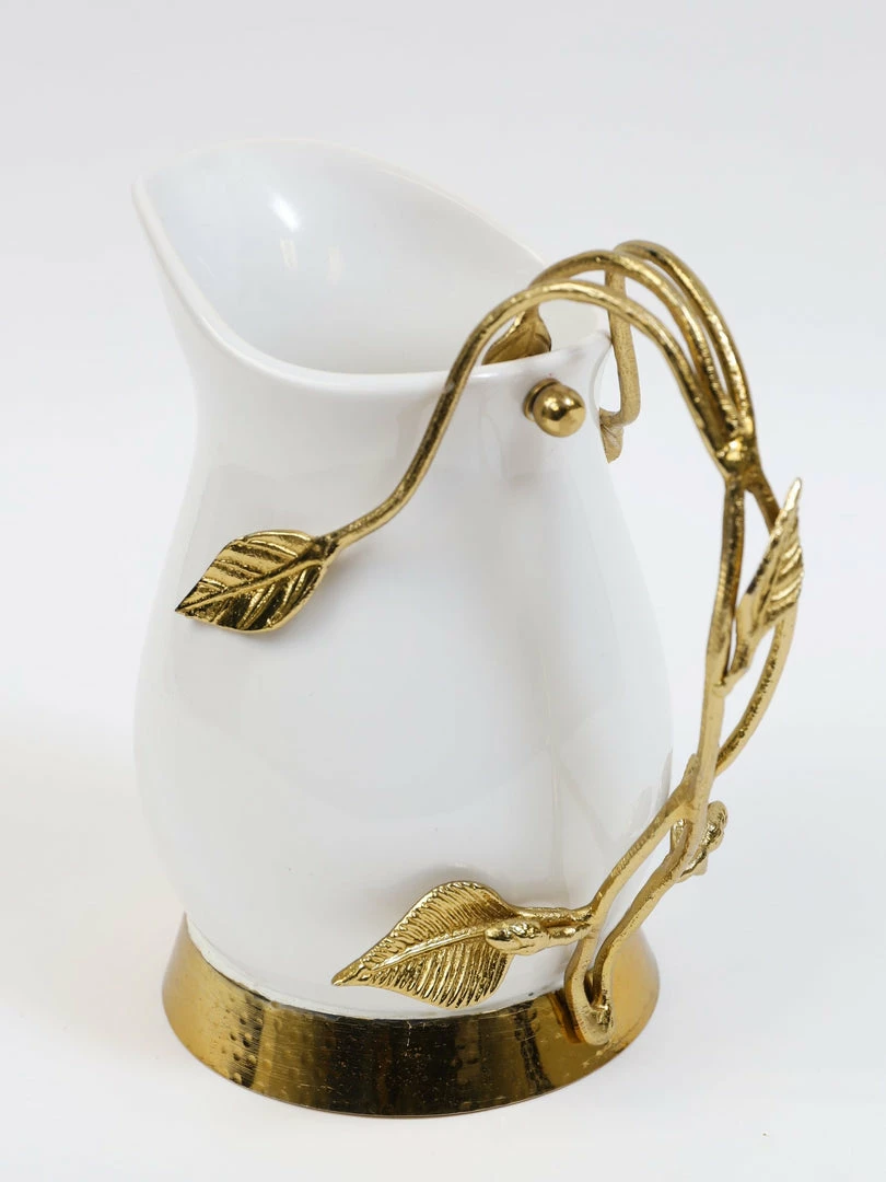 Inspire Me! Home Decor White Ceramic Pitcher With Gold Leaf Handle And Base 4 Inspire Me! Home Decor White Ceramic Pitcher With Gold Leaf Handle And Base