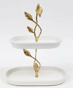 Inspire Me! Home Decor White Ceramic Two Tier Cake Stand With Gold Leaf Details