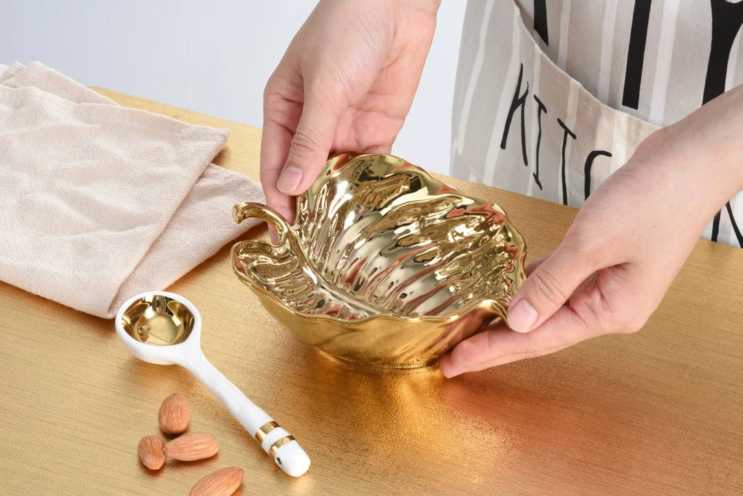 Inspire Me! Home Decor Gold Leaf Snack Bowl And Spoon Set 7 Inspire Me! Home Decor Gold Leaf Snack Bowl And Spoon Set