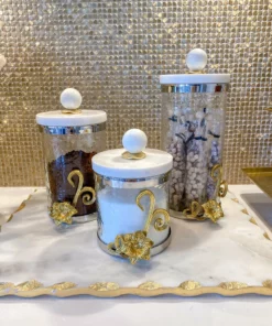 Inspire Me! Home Decor Gold Or Silver Metal Floral Glass Canisters With Marble Lid-With Metal Rim (3 Sizes) (2 Colors) 23 Inspire Me! Home Decor Gold Or Silver Metal Floral Glass Canisters With Marble Lid-With Metal Rim (3 Sizes) (2 Colors)