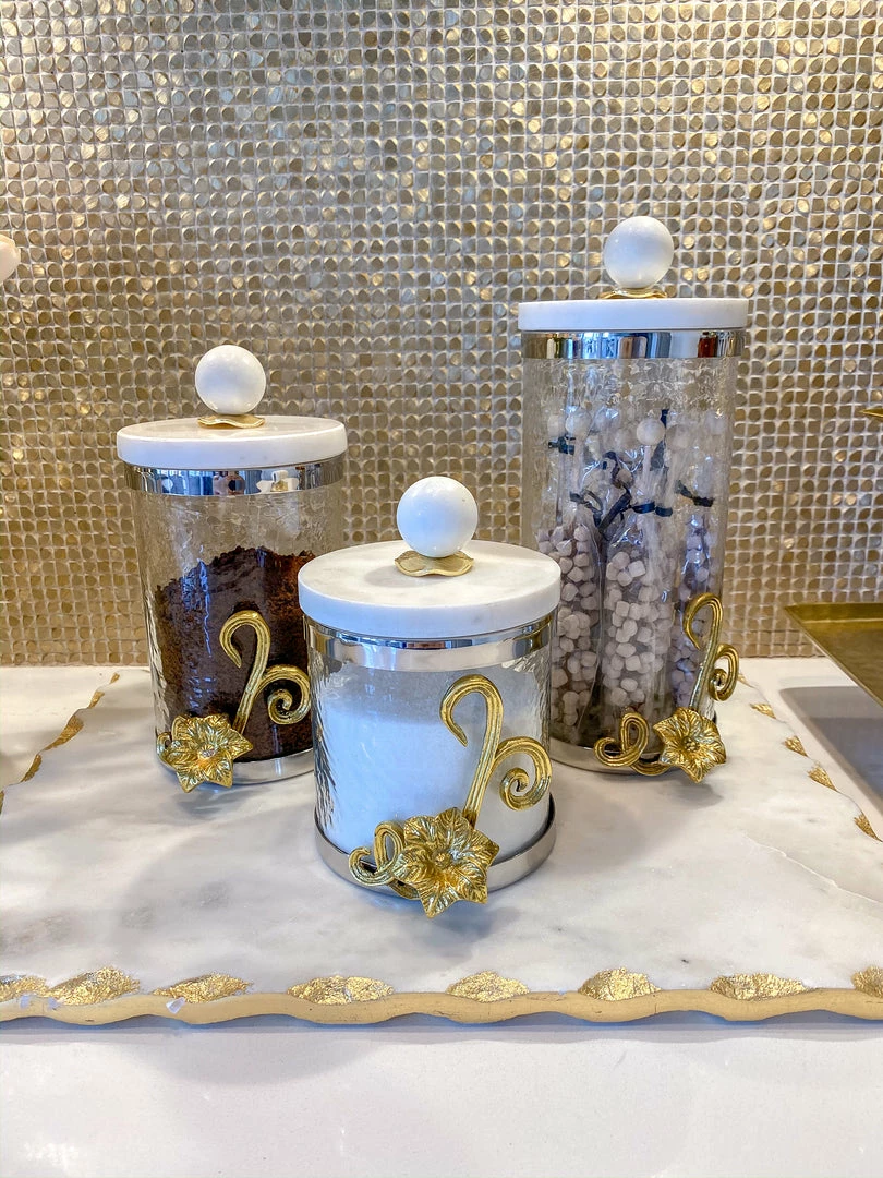 Inspire Me! Home Decor Gold Or Silver Metal Floral Glass Canisters With Marble Lid-With Metal Rim (3 Sizes) (2 Colors) 7 Inspire Me! Home Decor Gold Or Silver Metal Floral Glass Canisters With Marble Lid-With Metal Rim (3 Sizes) (2 Colors)