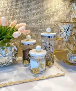 Inspire Me! Home Decor Gold Or Silver Metal Floral Glass Canisters With Marble Lid-With Metal Rim (3 Sizes) (2 Colors) 22 Inspire Me! Home Decor Gold Or Silver Metal Floral Glass Canisters With Marble Lid-With Metal Rim (3 Sizes) (2 Colors)
