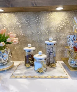 Inspire Me! Home Decor Gold Or Silver Metal Floral Glass Canisters With Marble Lid-With Metal Rim (3 Sizes) (2 Colors) 24 Inspire Me! Home Decor Gold Or Silver Metal Floral Glass Canisters With Marble Lid-With Metal Rim (3 Sizes) (2 Colors)