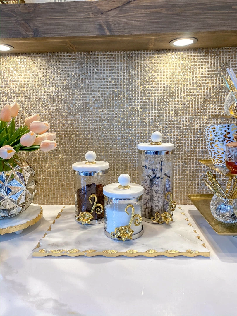 Inspire Me! Home Decor Gold Or Silver Metal Floral Glass Canisters With Marble Lid-With Metal Rim (3 Sizes) (2 Colors) 8 Inspire Me! Home Decor Gold Or Silver Metal Floral Glass Canisters With Marble Lid-With Metal Rim (3 Sizes) (2 Colors)