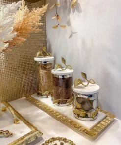 Inspire Me! Home Decor Marble And Gold Metal Leaf Branch Canisters- With Metal Rim (3 Sizes)