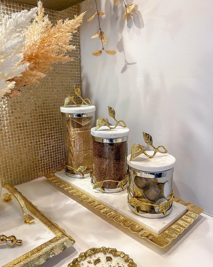 Inspire Me! Home Decor Marble And Gold Metal Leaf Branch Canisters- With Metal Rim (3 Sizes) 3 Inspire Me! Home Decor Marble And Gold Metal Leaf Branch Canisters- With Metal Rim (3 Sizes)