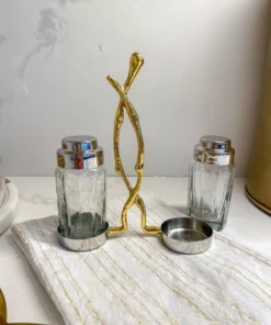 Inspire Me! Home Decor Glass Salt & Pepper Shakers W/ Gold Metal Branch Holder