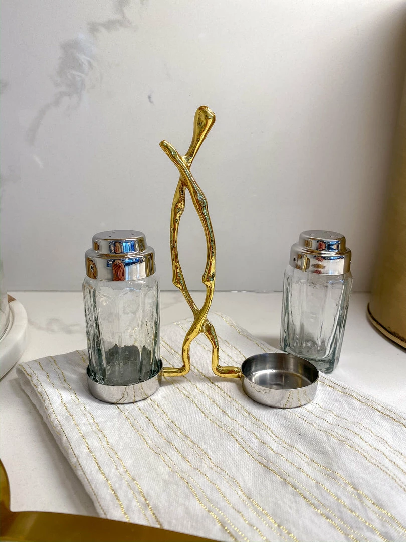 Inspire Me! Home Decor Glass Salt & Pepper Shakers W/ Gold Metal Branch Holder 4 Inspire Me! Home Decor Glass Salt & Pepper Shakers W/ Gold Metal Branch Holder