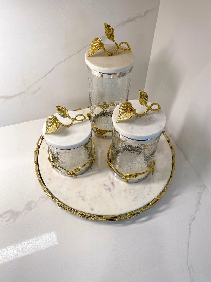 Inspire Me! Home Decor Marble And Gold Metal Leaf Branch Canisters- With Metal Rim (3 Sizes) 14 Inspire Me! Home Decor Marble And Gold Metal Leaf Branch Canisters- With Metal Rim (3 Sizes)