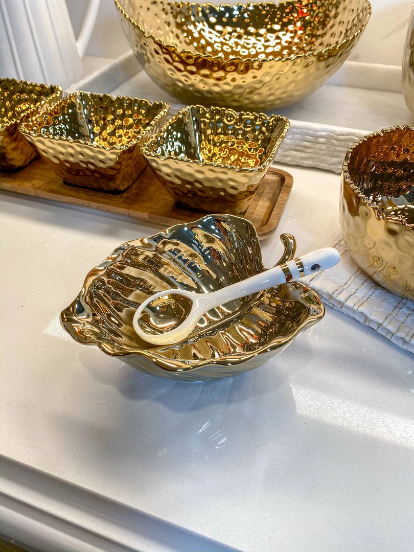 Inspire Me! Home Decor Gold Leaf Snack Bowl And Spoon Set 4 Inspire Me! Home Decor Gold Leaf Snack Bowl And Spoon Set