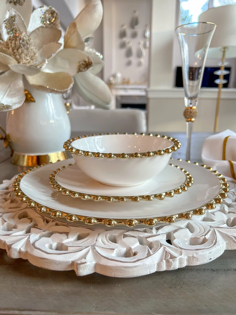 Inspire Me! Home Decor White And Gold Beaded Dinner Set 8 Inspire Me! Home Decor White And Gold Beaded Dinner Set