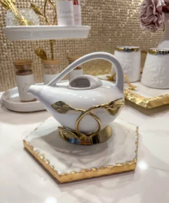 Inspire Me! Home Decor White And Gold Leaf Ornate Tea Pot
