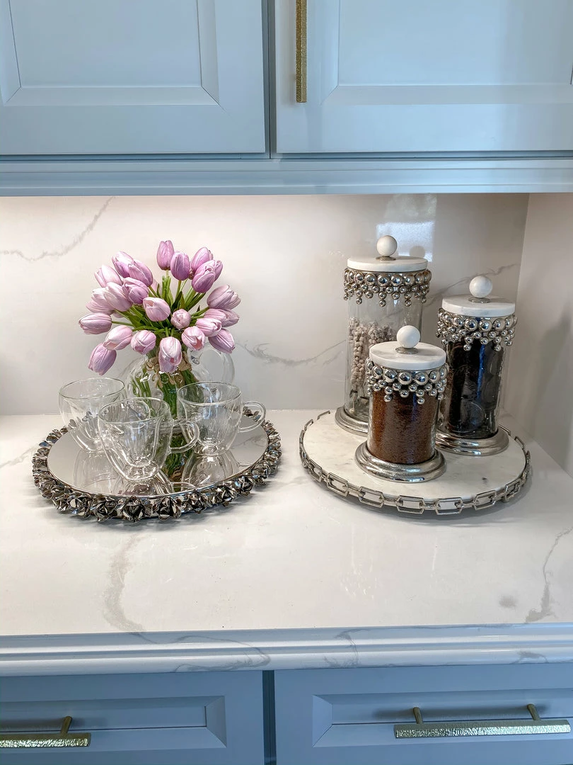 Inspire Me! Home Decor Silver Beaded Canisters W/ Marble Lid (3 Sizes) 3 Inspire Me! Home Decor Silver Beaded Canisters W/ Marble Lid (3 Sizes)