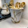 Inspire Me! Home Decor White Ceramic Utensil Holder With Gold Leaf Details & Base