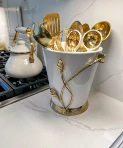 Inspire Me! Home Decor White Ceramic Utensil Holder With Gold Leaf Details & Base