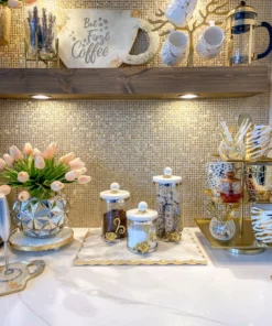 Inspire Me! Home Decor Gold Or Silver Metal Floral Glass Canisters With Marble Lid-With Metal Rim (3 Sizes) (2 Colors) 30 Inspire Me! Home Decor Gold Or Silver Metal Floral Glass Canisters With Marble Lid-With Metal Rim (3 Sizes) (2 Colors)