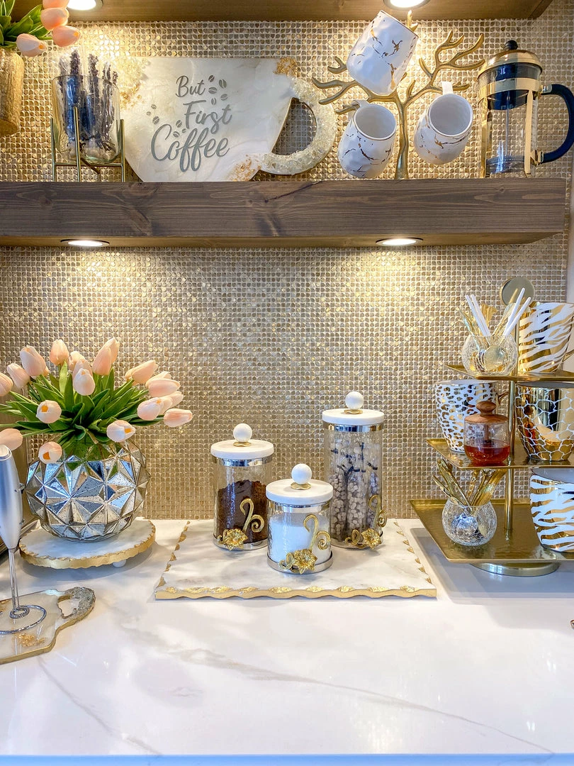 Inspire Me! Home Decor Gold Or Silver Metal Floral Glass Canisters With Marble Lid-With Metal Rim (3 Sizes) (2 Colors) 9 Inspire Me! Home Decor Gold Or Silver Metal Floral Glass Canisters With Marble Lid-With Metal Rim (3 Sizes) (2 Colors)