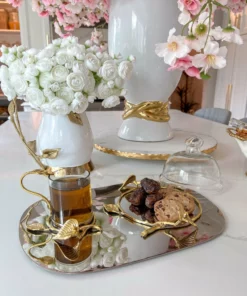 Inspire Me! Home Decor Silver Metal Oval Tray With Glass Mug & Cake Dome And Gold Leaf Details