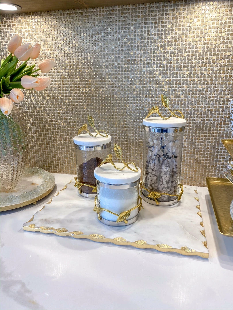 Inspire Me! Home Decor Marble And Gold Metal Leaf Branch Canisters- With Metal Rim (3 Sizes) 6 Inspire Me! Home Decor Marble And Gold Metal Leaf Branch Canisters- With Metal Rim (3 Sizes)