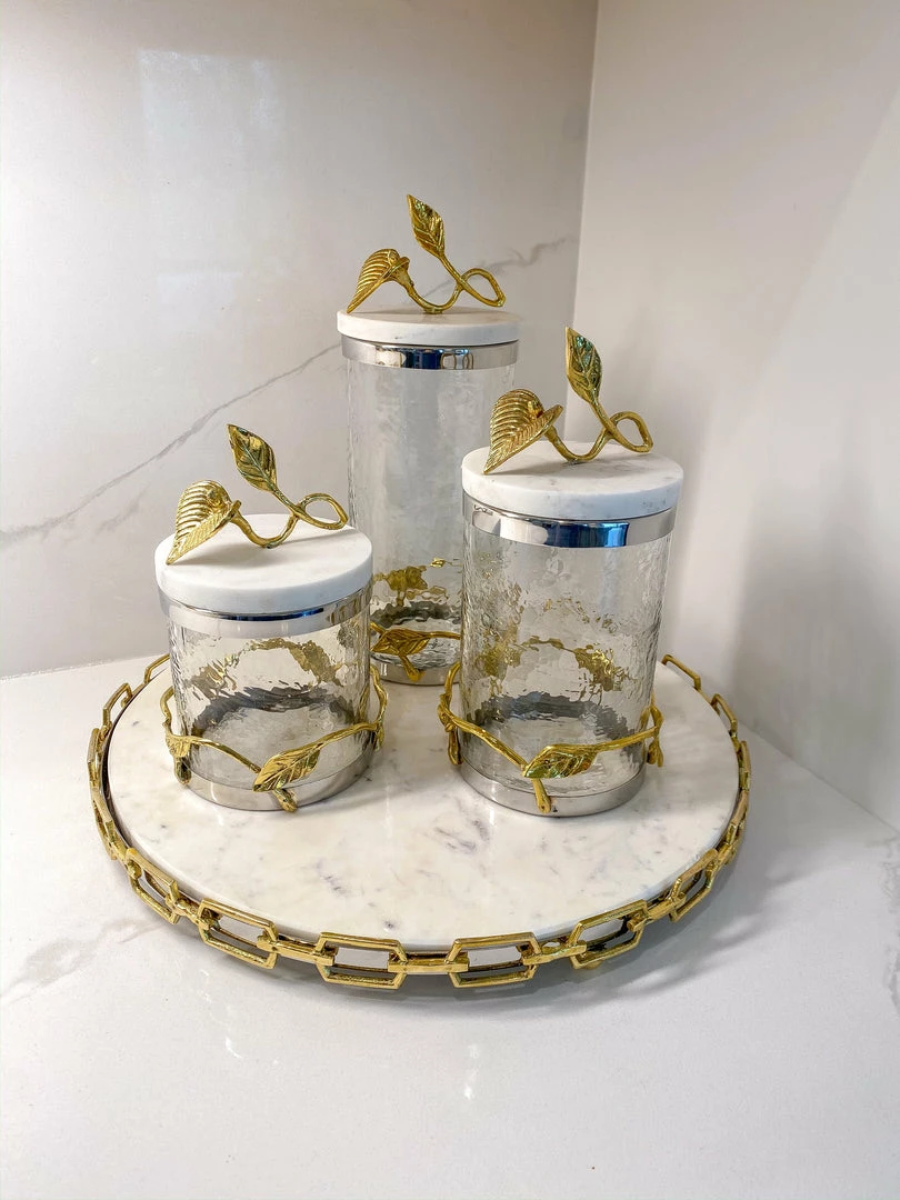 Inspire Me! Home Decor Marble And Gold Metal Leaf Branch Canisters- With Metal Rim (3 Sizes) 11 Inspire Me! Home Decor Marble And Gold Metal Leaf Branch Canisters- With Metal Rim (3 Sizes)